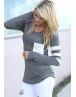 Women Top Long Sleeve Pocket Grey Striped Classy Causal Winter Tee