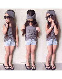 Kids Girl 3 Pcs Sleeveless Tops Denim Shorts Headband Clothing Set