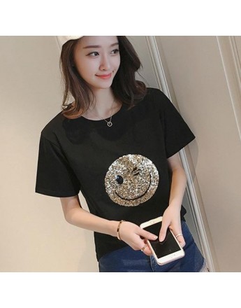 Casual Round Neck Smiley T-Shirt Tops Tees for Women