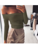 Women off shoulder crop top long sleeve solid sexy t-shirts