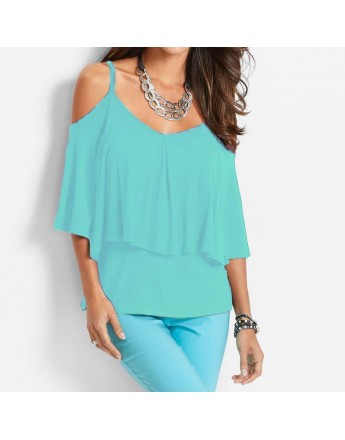 Women Top Double Layers Sexy Strap Cold Shoulder Solid Tee