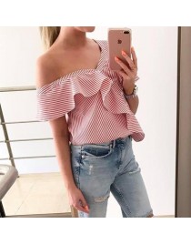 Women off shoulder top Short Sleeve Striped Sexy Party Shirt