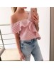 Women off shoulder top Short Sleeve Striped Sexy Party Shirt