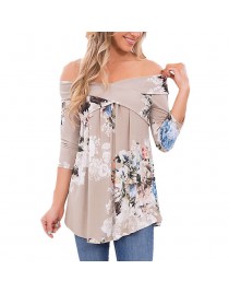 Women off shoulder Top Floral Print Three Quarter Sleeve Elegant Shirt
