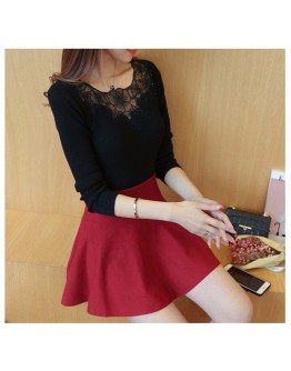 Women Top New Fashion Lace Drilled Slim Elegant Knitted Long Sleeve Shirt