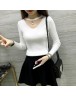 Women V-neck pearl sexy pullover Slim knit bottoming thin stretch sleeve Shrit