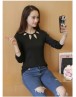 Women Black top winter Kawaii Long Sleeve Sexy Hollow Out Cotton Slim T-shirt