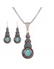 Women Vintage Retro Pattern Blue Stone Pendant Necklace Earring set
