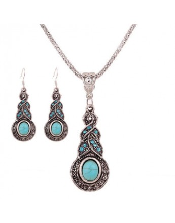 Women Vintage Retro Pattern Blue Stone Pendant Necklace Earring set
