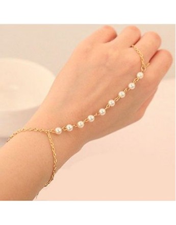 Women's classy Pearl Bracelet Bangle with Attached finger Chain