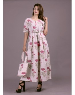 Women Premium Cotton Floral Printed Long Kurti with Dori Belt & Hand Bag