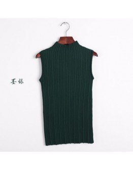 Women high quality Sleeveless Green Turtleneck Knitted Tank top Shirt
