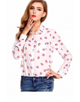 Women Printed Shirts Button Long Sleeve Lip Print Female Chiffon Casual Tops