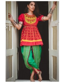 Ladies Red Yoke Festive Flairy Embroidered Kedia and Parrot Tulip Pants