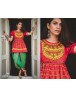 Ladies Red Yoke Festive Flairy Embroidered Kedia and Parrot Tulip Pants